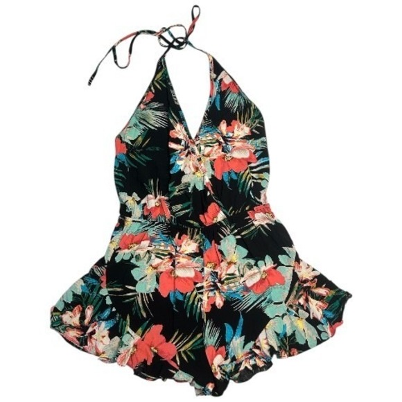 Cotton Candy Pants - Cotton Candy LA Floral Halter Romper Black Tropical Print Ruffle Womens Small